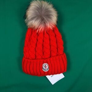 Moncler Women’s Red Cable Knit Beanie with Pom Pom